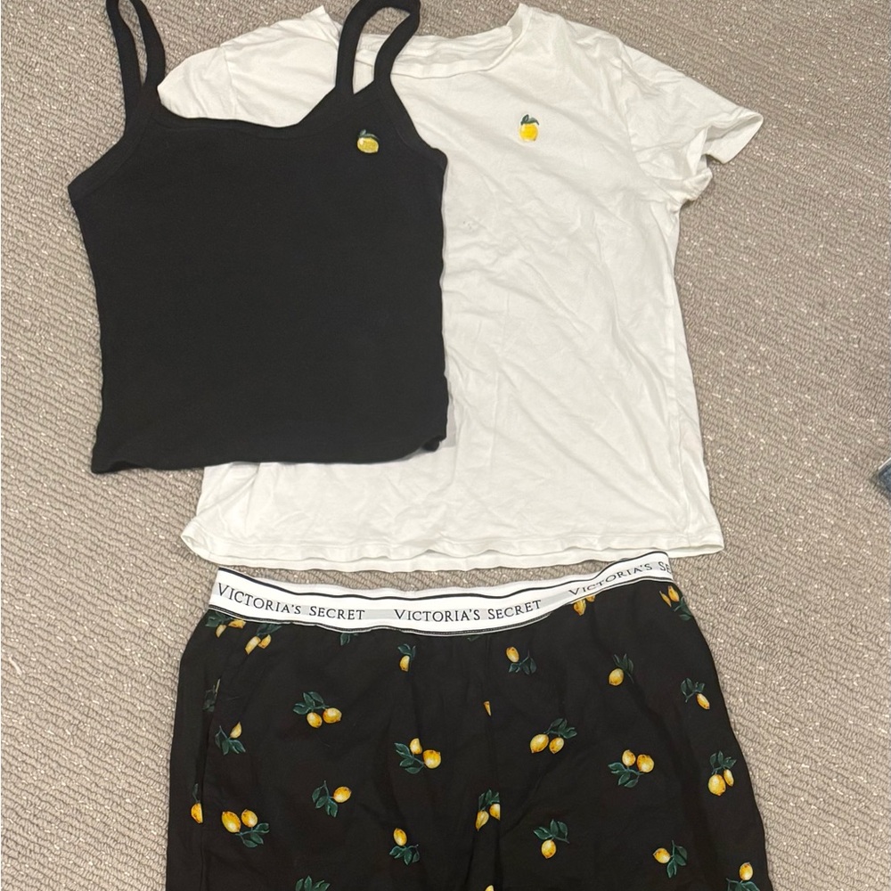 Victoria's Secret Three Piece Black and white Lemon Pajama Set